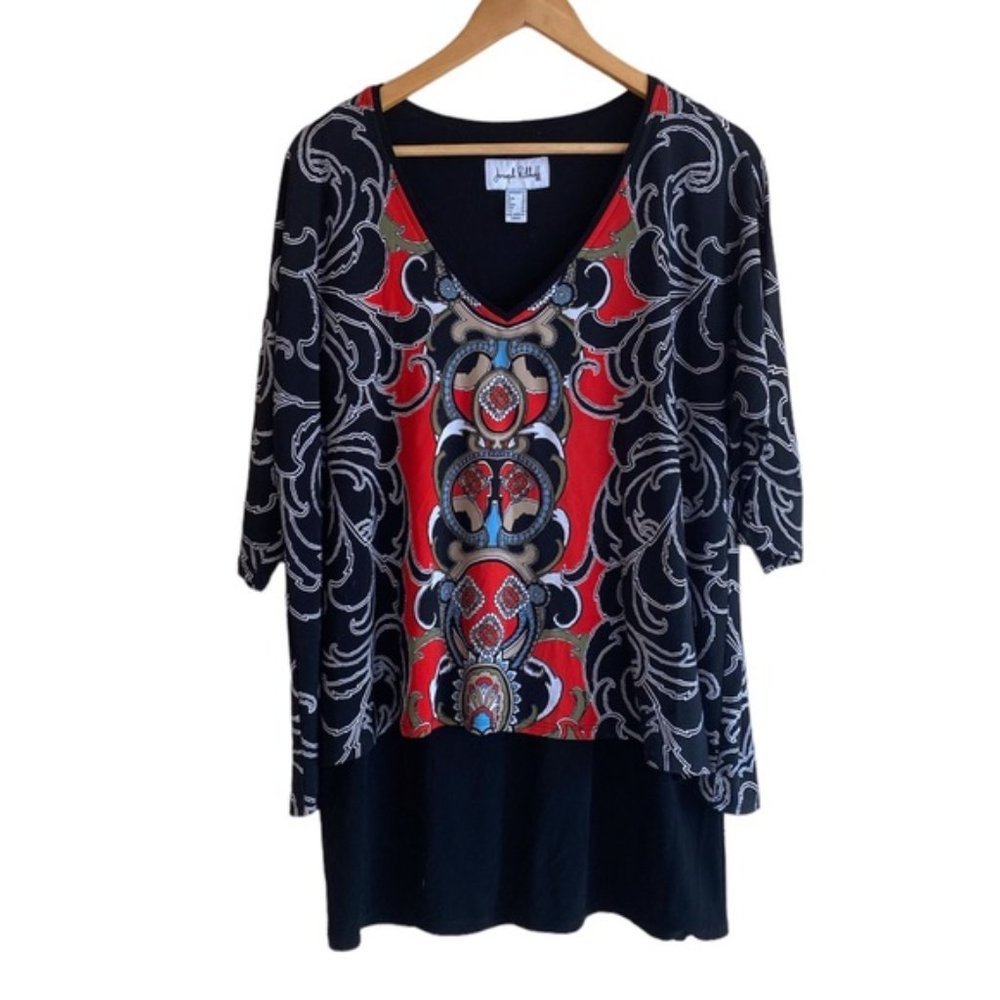 Joseph Ribkoff Womans Size 12 V Neck Layered Jersey Knit 3/4 Sleeve Tunic Artsy